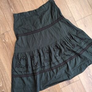 Vtg Y2K Black Tiered Midi Skirt - Sequin Beaded Boho Pintuck Lace Trim Size S